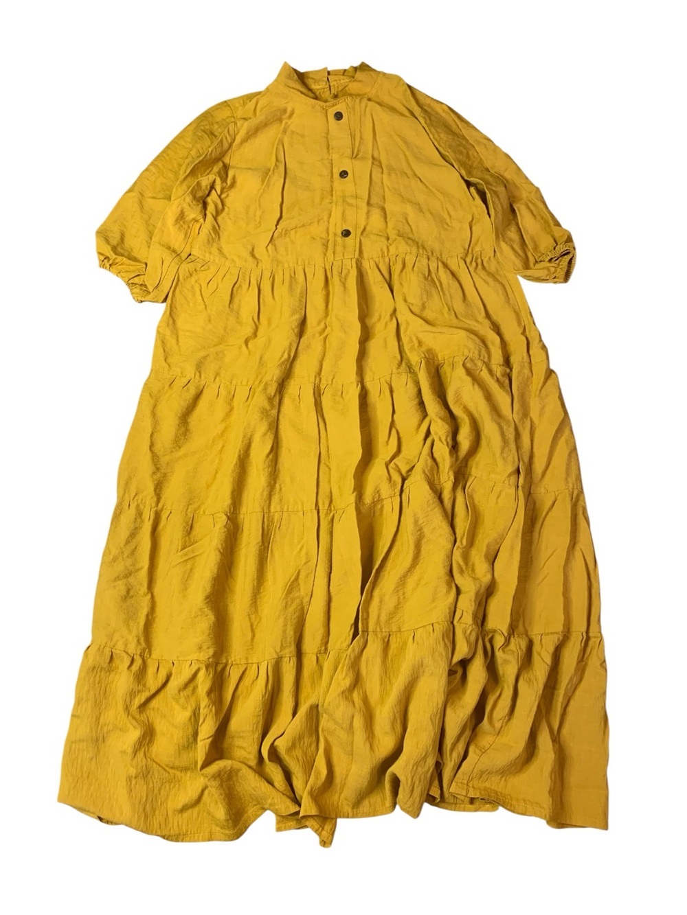 Mustard Yellow Tiered Midi Dress - Textured Button Front Puff Sleeve - Boho L/XL